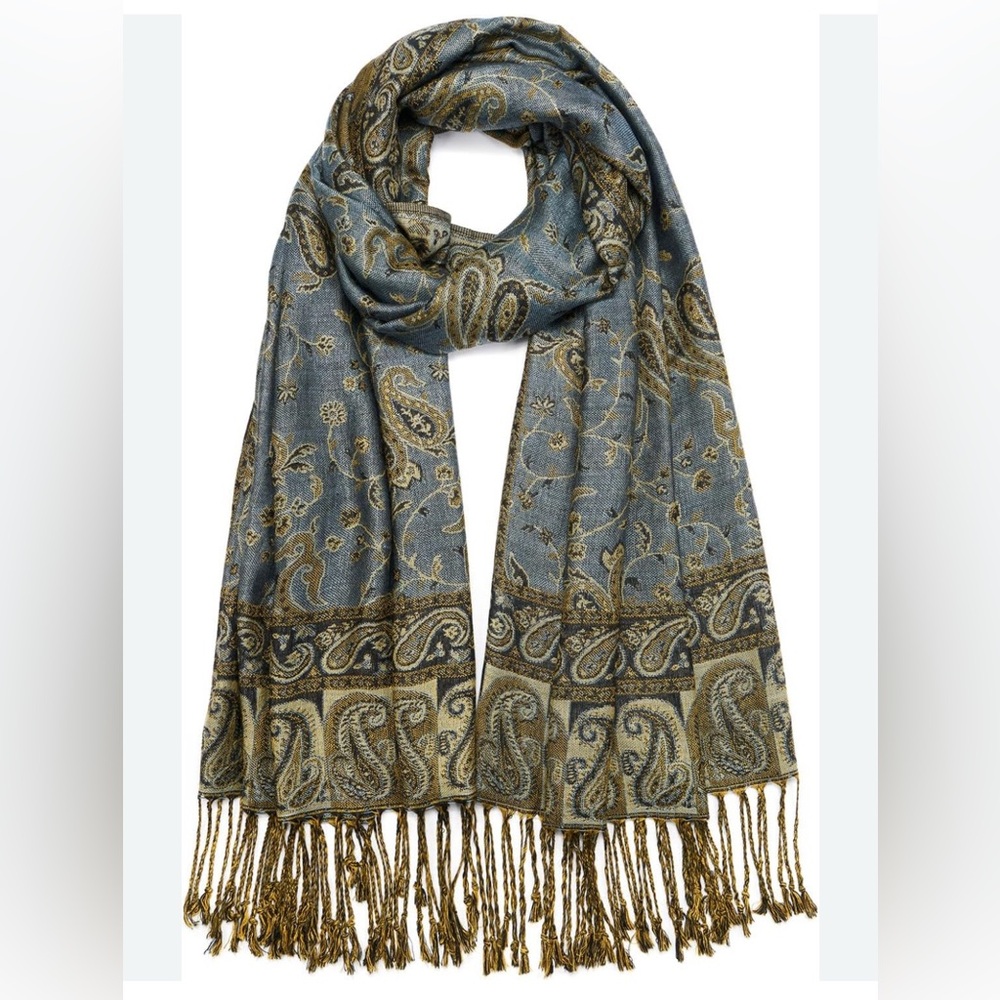 Paisley Tasseled Scarf in Blue Green and Gold